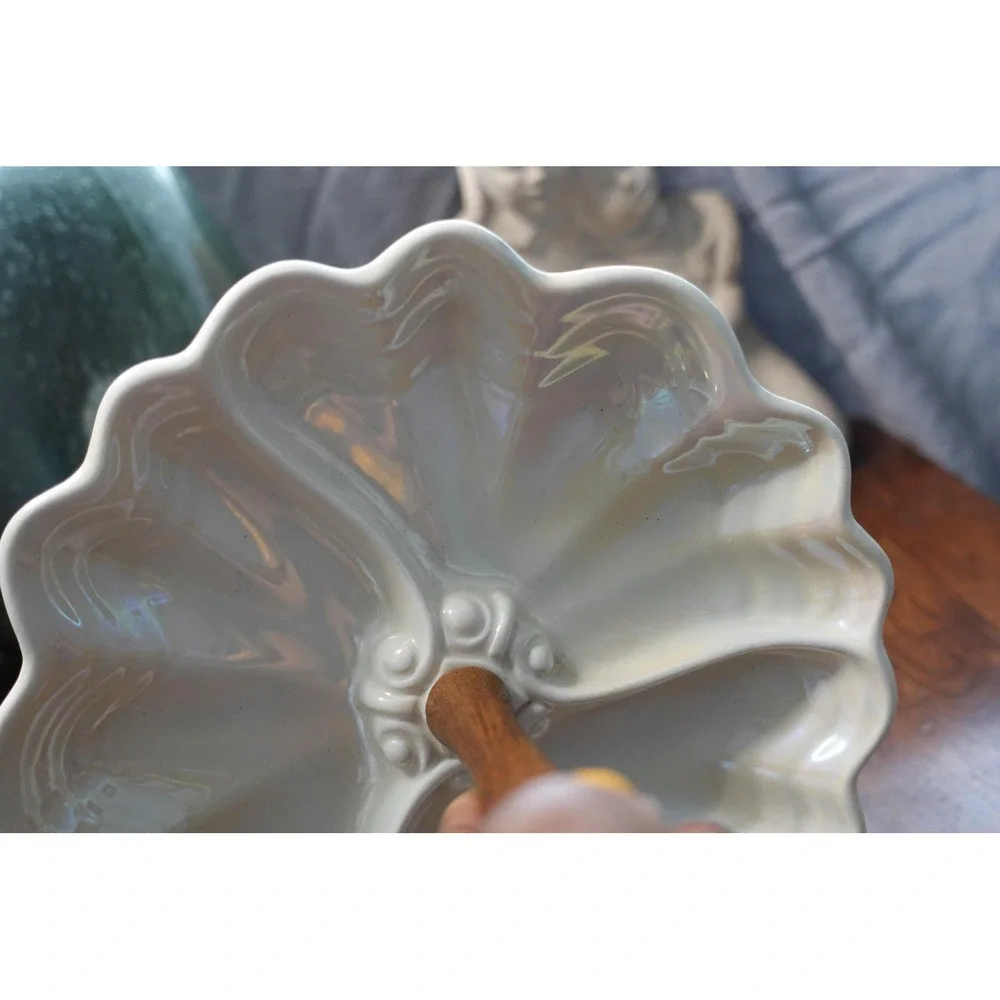Vintage Maddux Ceramic Tidbit Tray: Iridescent Clam Shell‎ with Wood Centerpiece
